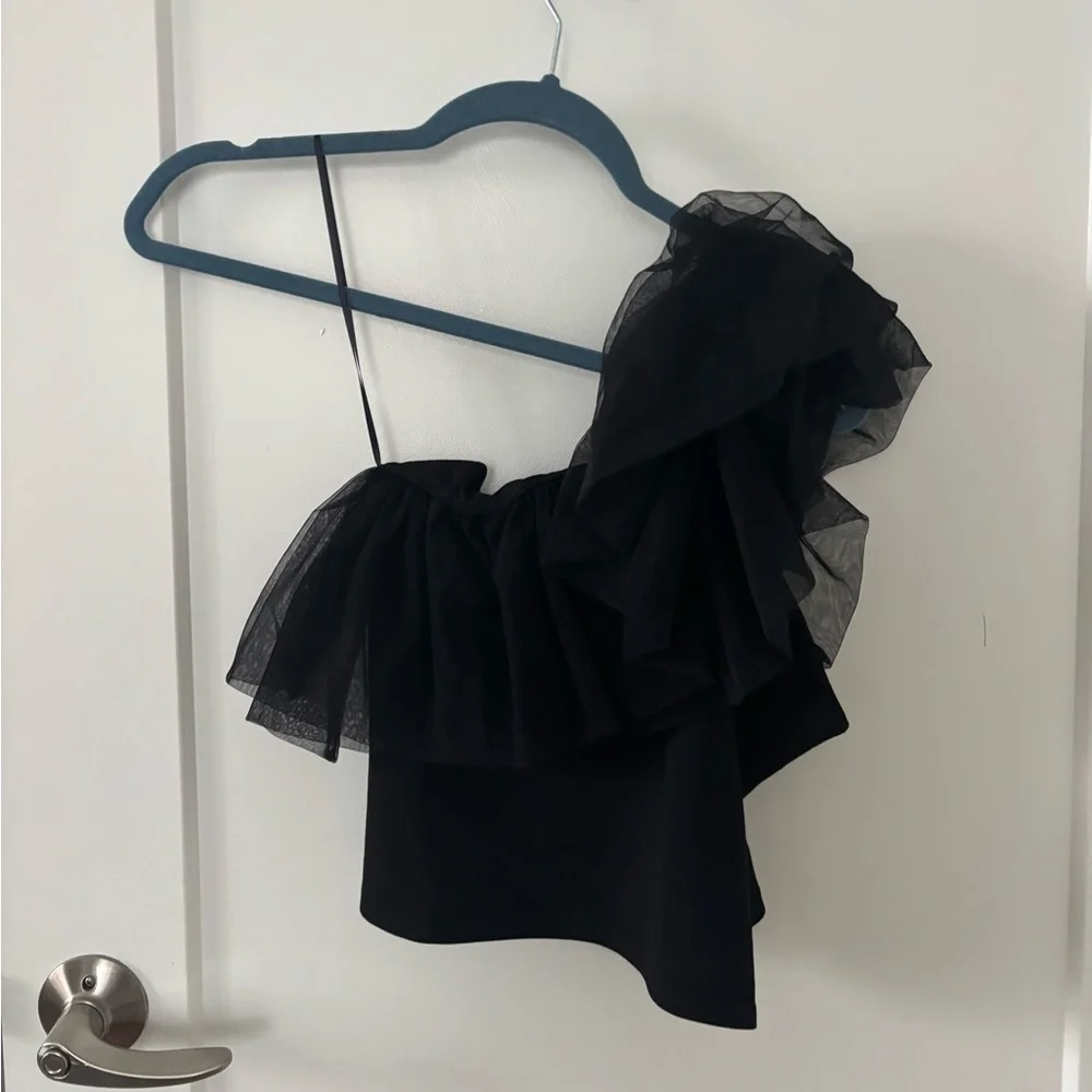 Anthropologie Black One-Shoulder Ruffle Top - Picture 2 of 4